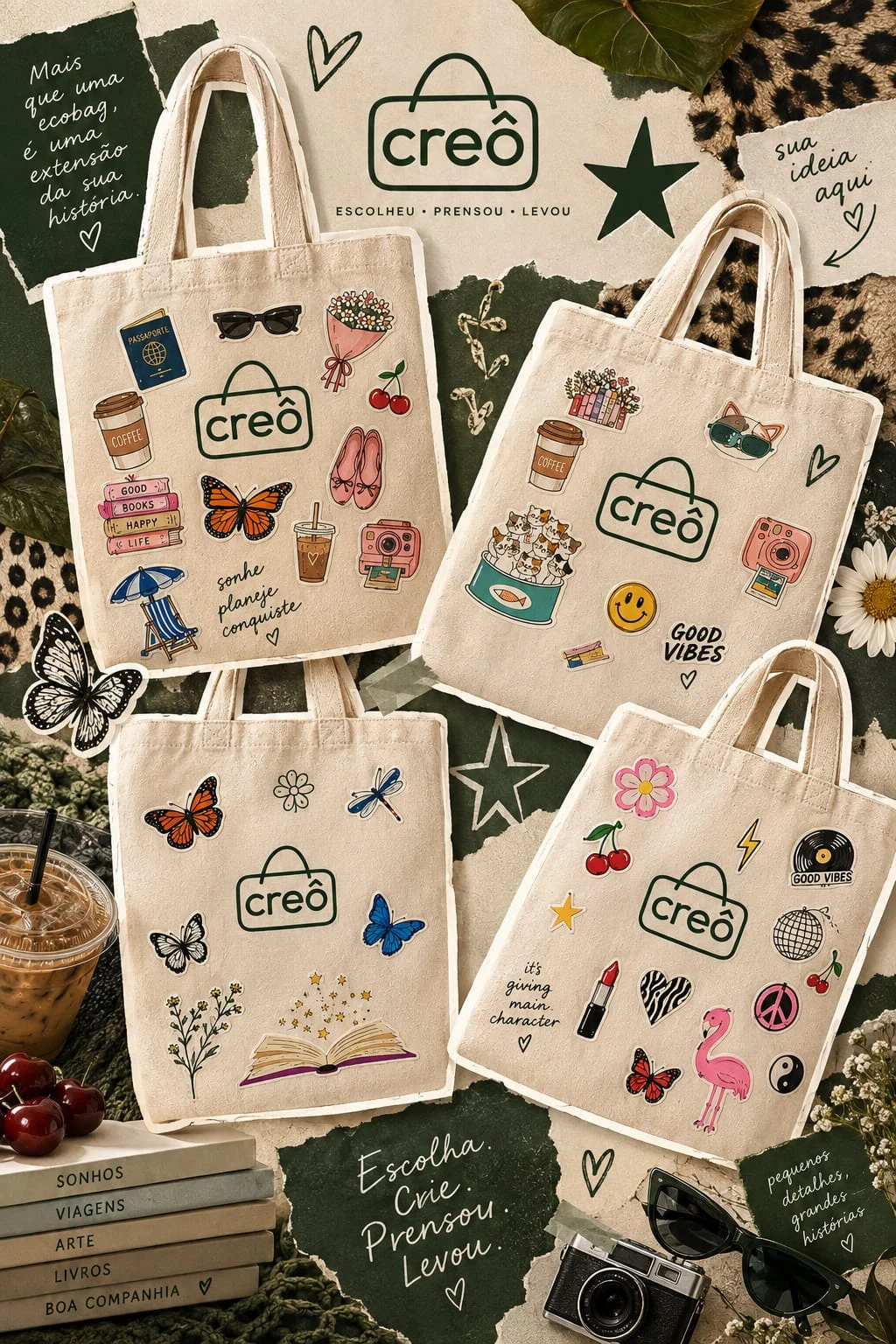 Mural de ecobags Creô de algodão cru com estampas de livros, flores, viagens e stickers coloridos
