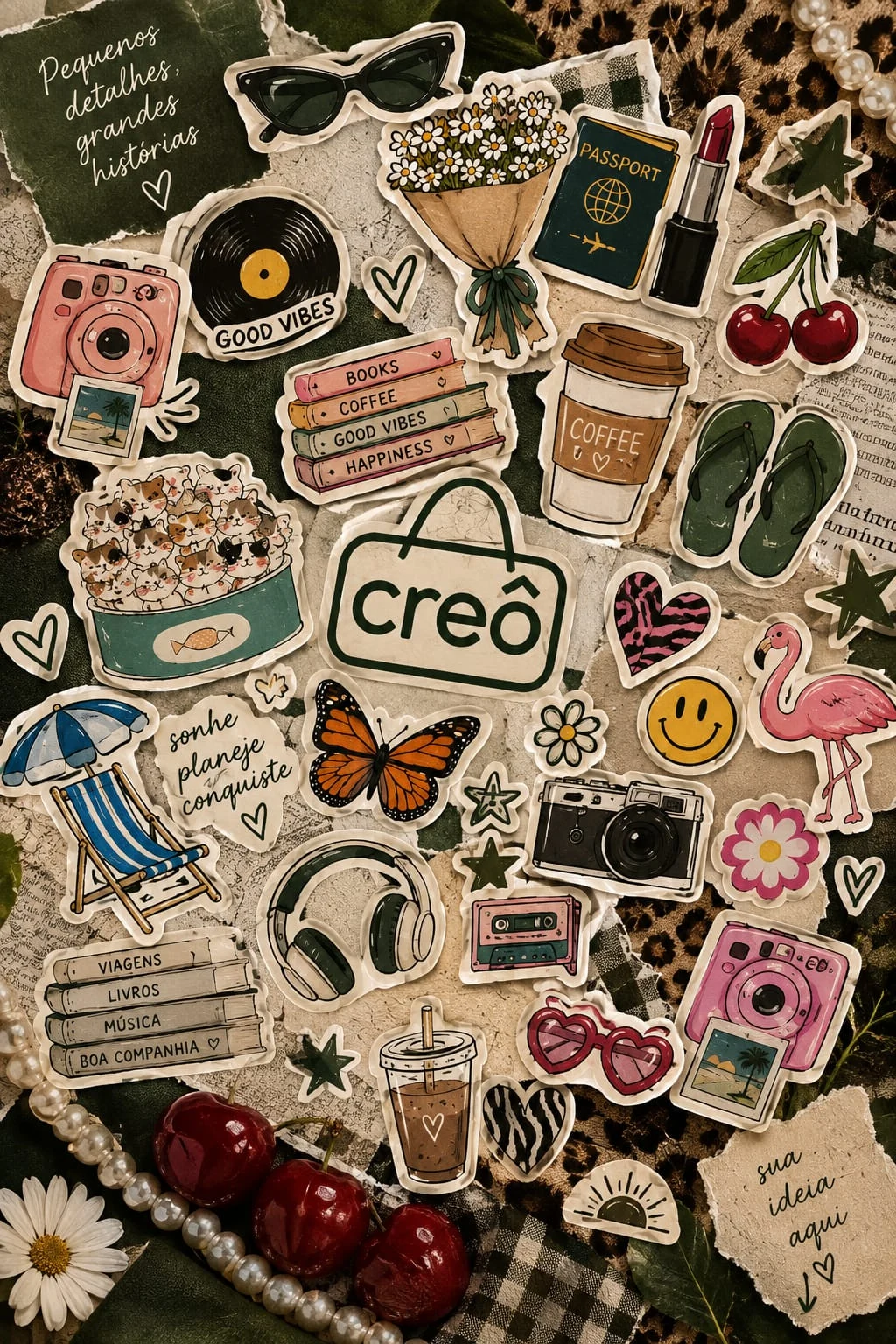 Colagem de stickers Creô com câmeras, borboletas, cerejas, café, livros e pequenos detalhes