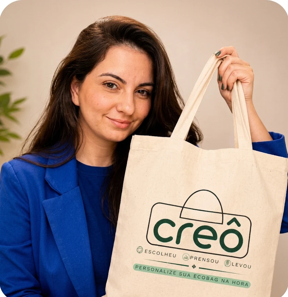 Mulher sorrindo segurando uma ecobag personalizada da Creô